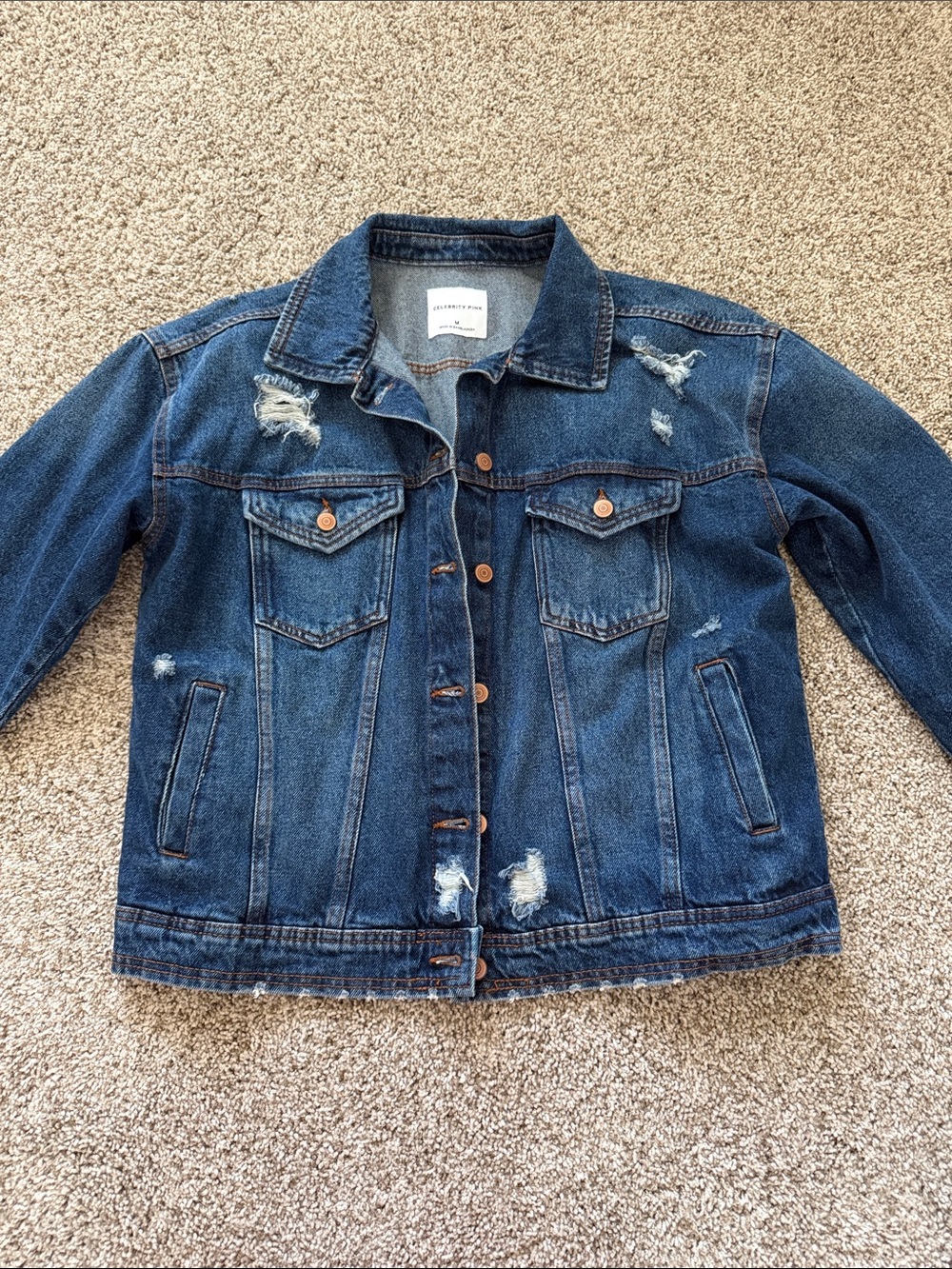 Celebrity Pink Dark Blue Distressed Denim Jacket